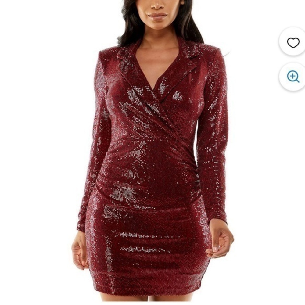 Hot & Sexy Red Sequined Long Sleeve V Neck Collared Mini Dress, Emerald Sundae L